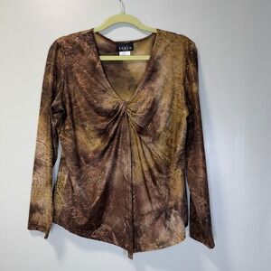Libra Womens V-Neck Knot Front Abstract Earth Tone Long Sleeve Top Brown Large